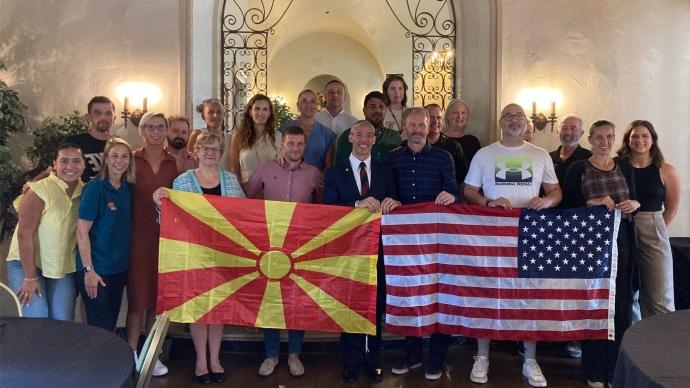 Trinity delegates and North Macedonian coaches pose for a photo with President Beasley and San Antonio Mayor Ron Nirenberg